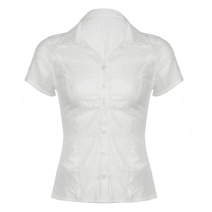 White Ribbed Button Up Buckle Short Sleeve