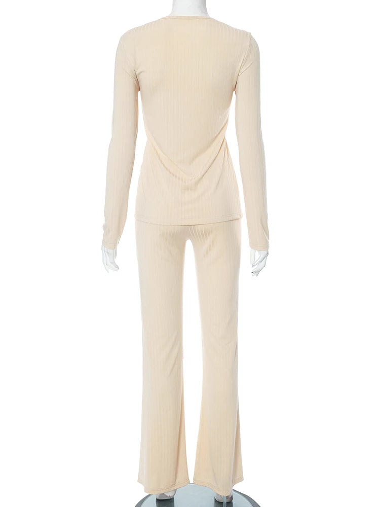 Beige Ribbed Quarter Button Down Front Slit Long Sleeve And Pants Set