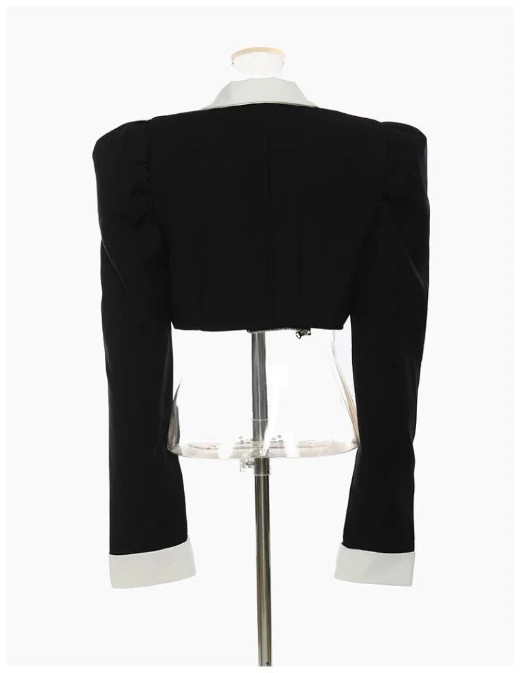 Black Puff Shoulder White Collar Detachable Blazer