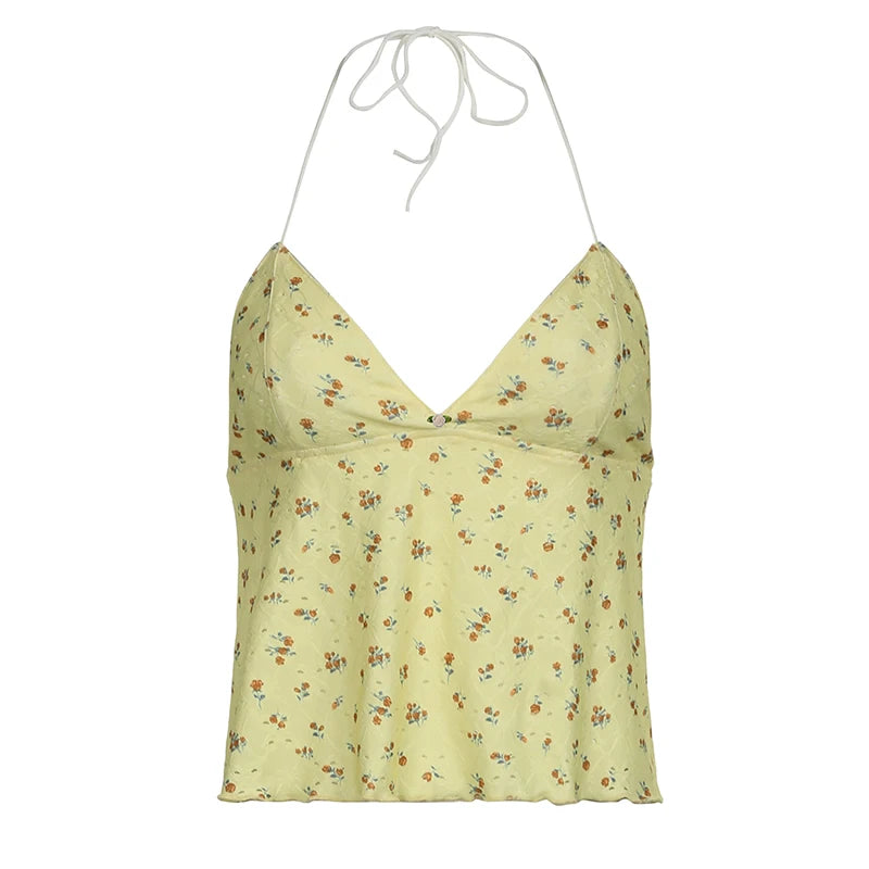 Yellow Embroidery Orange Floral V-Cut Lettuce Trim Halter Top