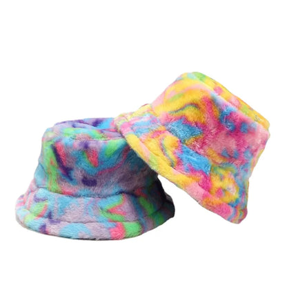 Multicolor Swirl Tie-Dye Fur Bucket Hat