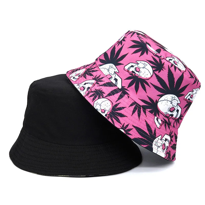 Solid Color Skull And Mary-J Print Reversible Bucket Hat