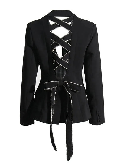 Black Backless Rhinestone Studded Criss-Cross Bow Blazer