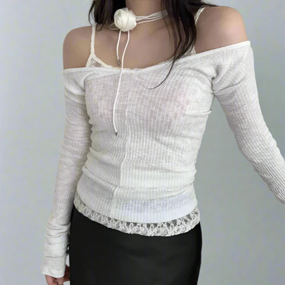 White Fake Lace Spaghetti Strap And Ribbed Off Shoulder Long Sleeve