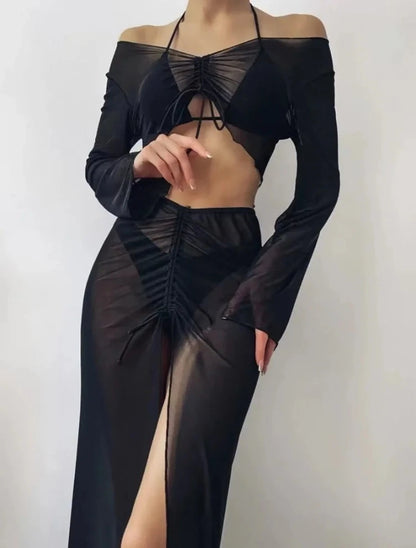 Black Bikini And Sheer Drawstring Cover Up Long Sleeve Skirt Set