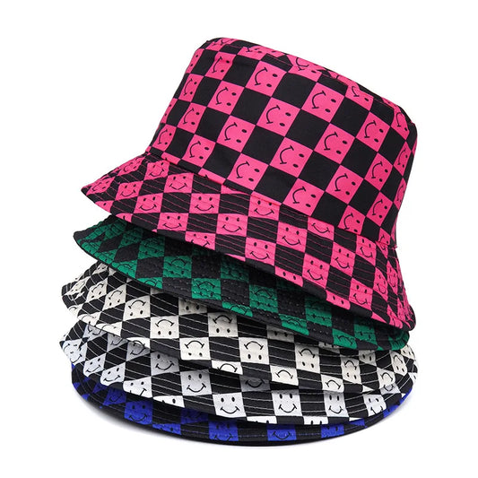 Solid Color Checkered Smiley Face Reversible Bucket Hat