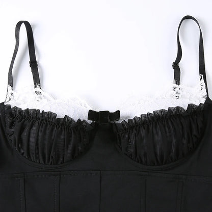 Black Corset White Trim Ruched Bra Spaghetti Strap Top