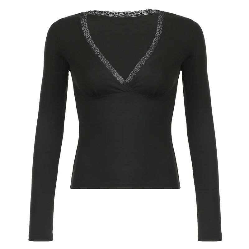 Black Criss-Cross Lace V-Cut Long Sleeve