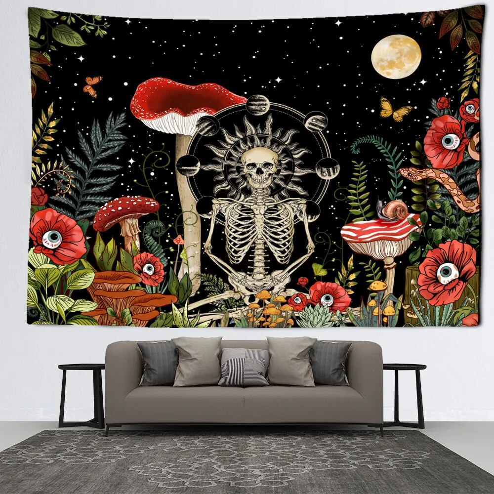 Skeleton In Mushroom Field Tapestry