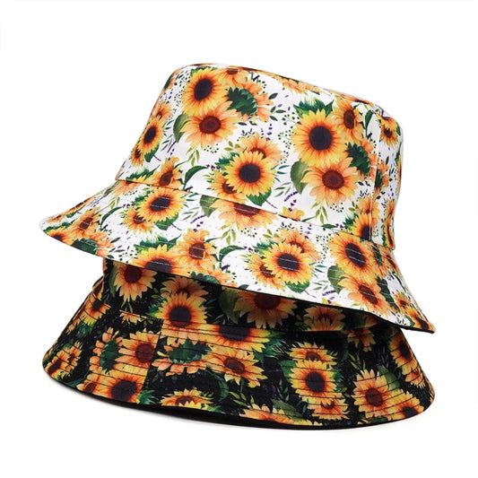 Neutral Cotton Sunflower Print Reversible Bucket Hat