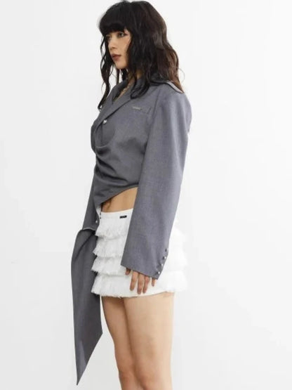 Gray Ruched Asymmetric Crop Blazer