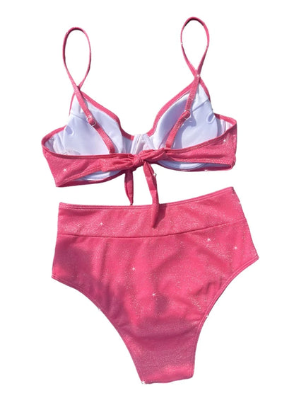 Sparkly Pink V-Cut Push-Up Spaghetti Strap High Waist Bikini