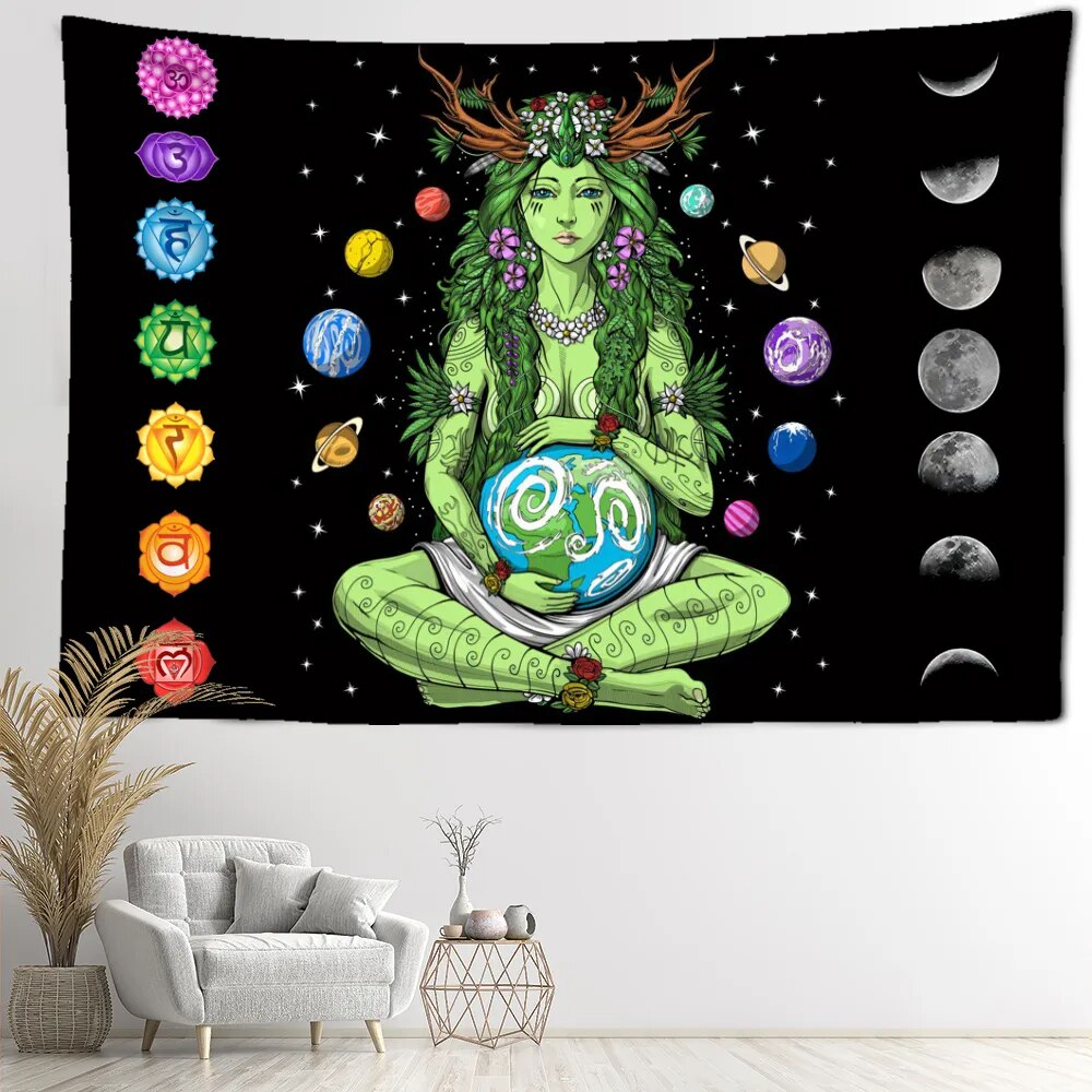 Mother Gaia Holding Earth With Planets Chakras And Moon Phases In The Stars Tapestry