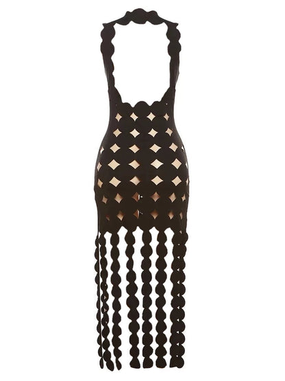 Black Polk-A-Dot Backless Tassel Sleeveless Maxi Dress