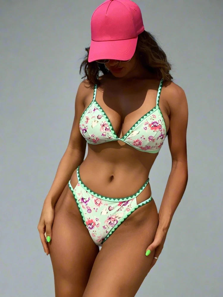 Green Floral V-Cut Spaghetti Strap Bikini