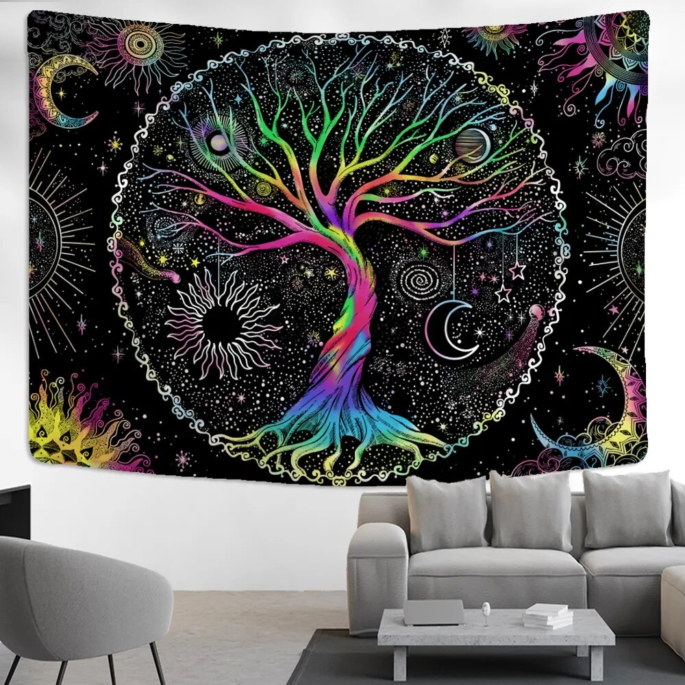 Multicolor Tree Of Life Sun And Moon Tapestry