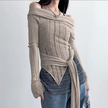 Solid Color Knit Distressed Front Tie Asymmetric Trim Roll Over Off Shoulder Long Sleeve