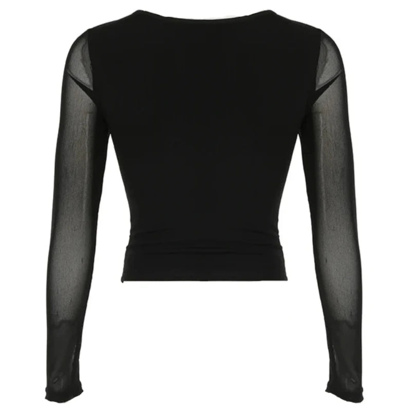 Black Criss-Cross V-Cut Sheer Long Sleeve