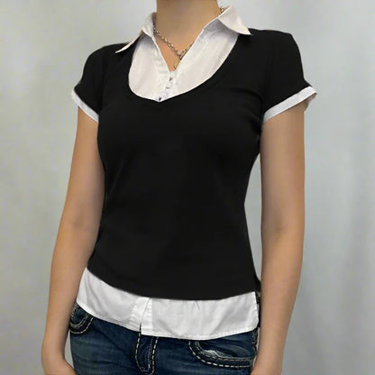 Black Fake White Pearl Button Up Short Sleeve