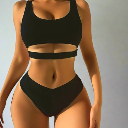 Solid Color Neutral Hollow Out High Waist Bikini