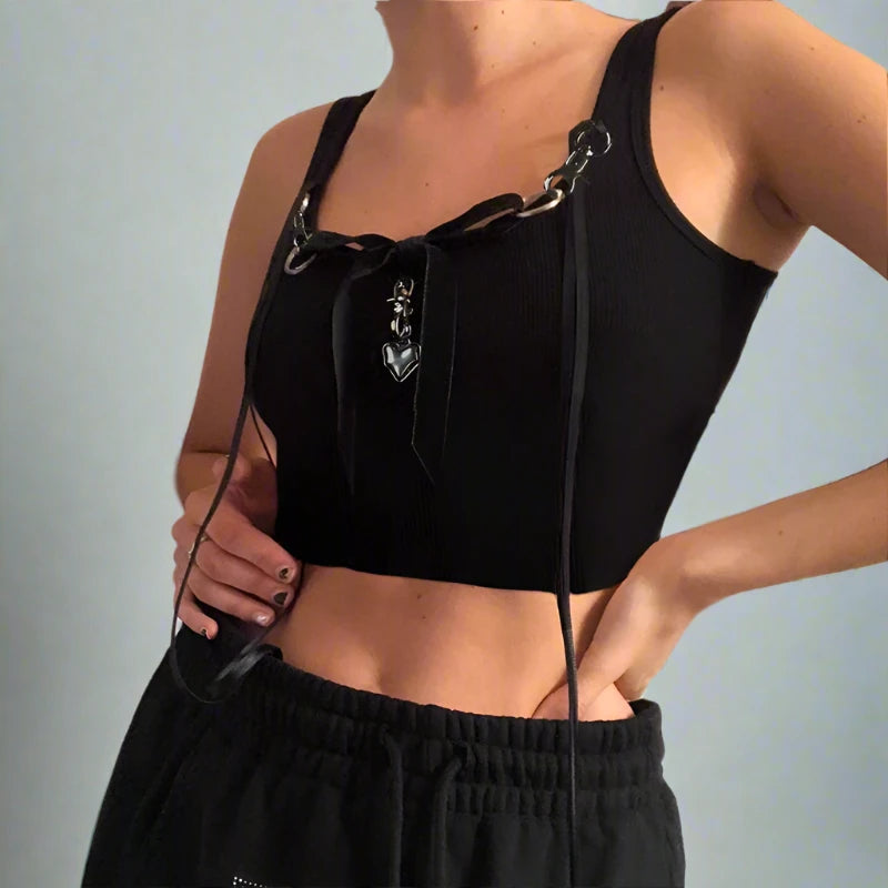 Black Knit Ribbed Chain And Suede Bow Trim Crop Spaghetti Strap Top