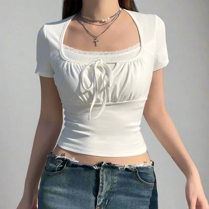 White Fake Lace Trim Under Shirt And Ruched Drawstring Short Sleeve