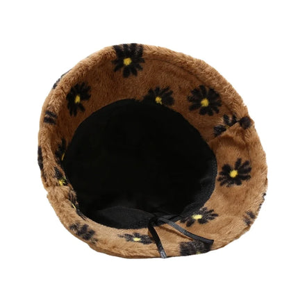 Solid Color Sunflower Print Fur Bucket Hat