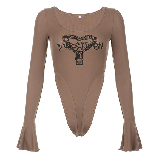 Brown Ribbed Chain Heart Flare Long Sleeve Bodysuit