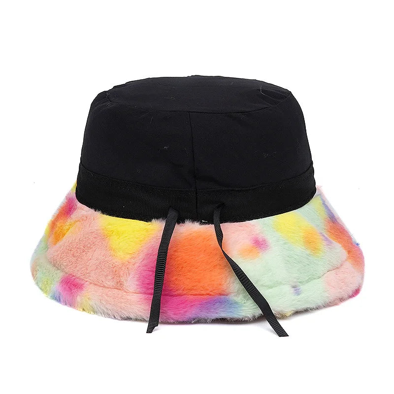 Pastel Multicolor Tie-Dye Fur Bucket Hat