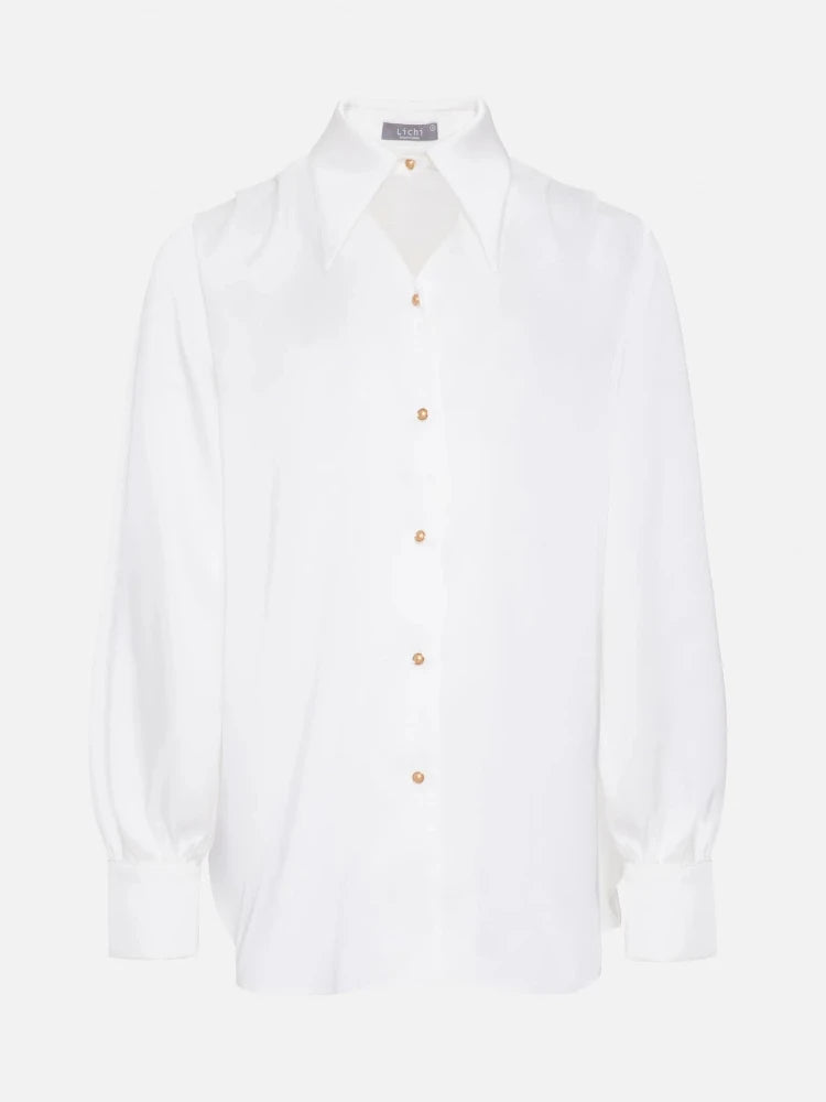 Solid Color Silk Collar Hollow Out Button Up Long Sleeve