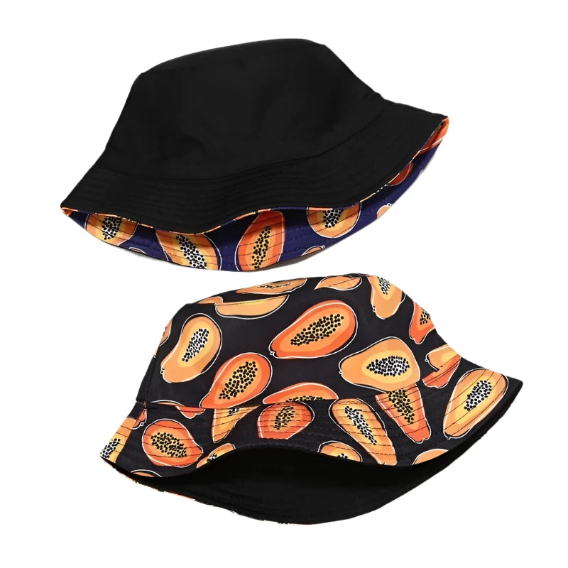 Solid Color Papaya Print Cotton Reversible Bucket Hat