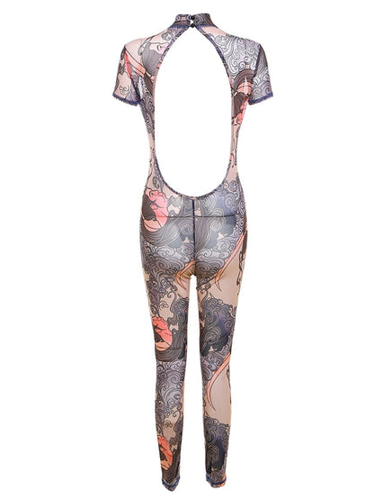 Pink And Purple Sheer Graffiti Backless Short Sleeve Jumpsuit