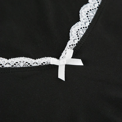 Black Bow V-Cut Lace Trim Long Sleeve