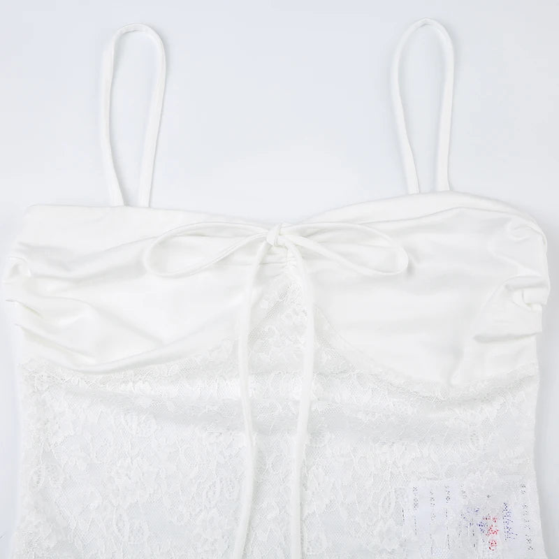 White V-Cut Drawstring Bottom Lace Spaghetti Strap Top