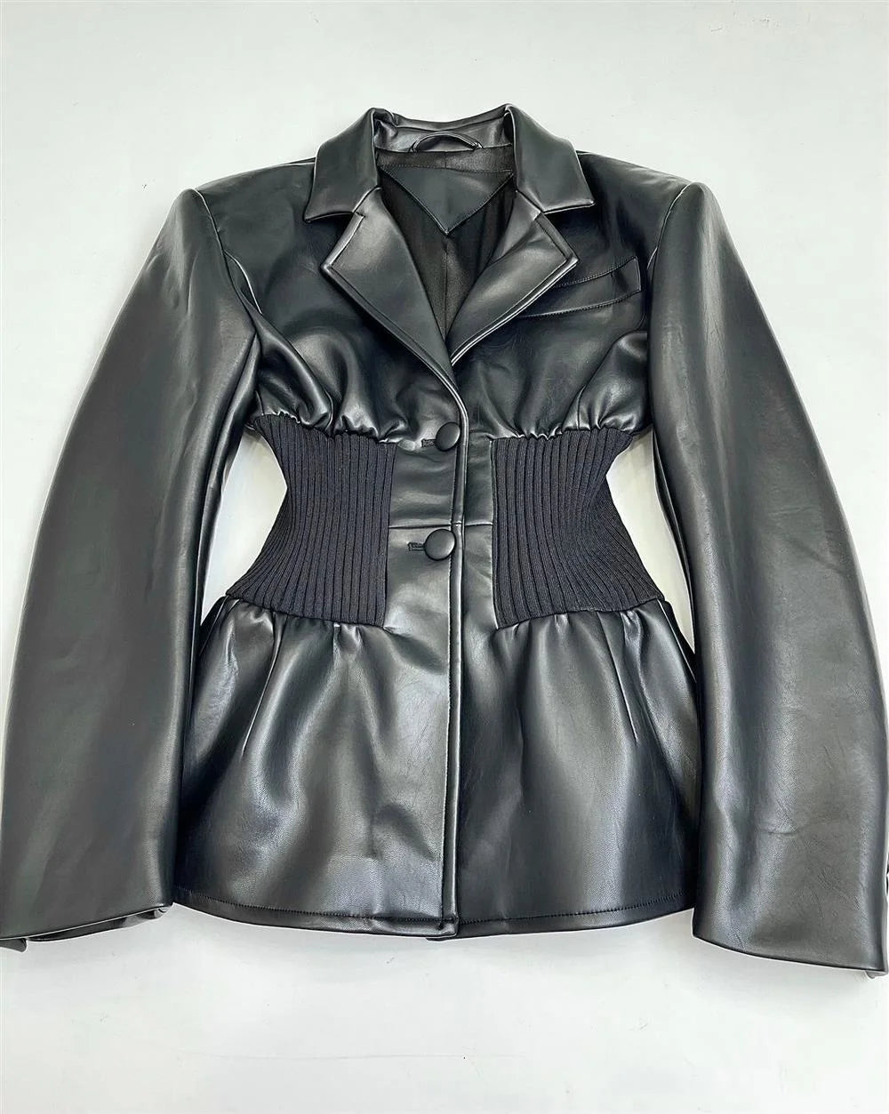 Black Leather Ruched Stomach Blazer