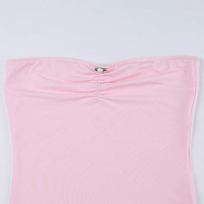 Pink Ruched Strapless And Long Sleeve