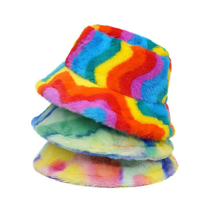 Rainbow Multicolor Swirl Fur Bucket Hat