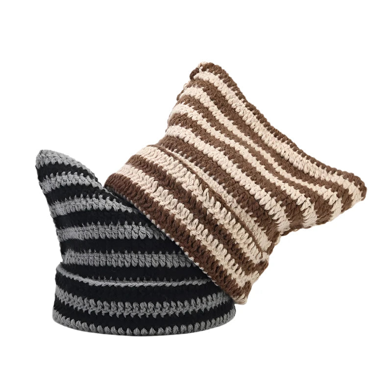 Two Toned Striped Knit Cat Ears Beanie