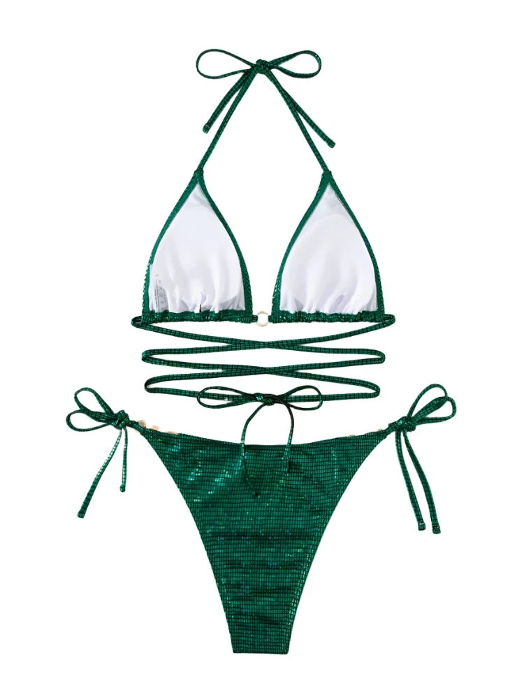 Green Sparkly String Bandage Strap Bikini