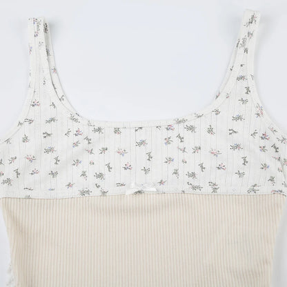 White And Khaki Knit Ribbed Top Floral Print 3d Bow Spaghetti Strap Top