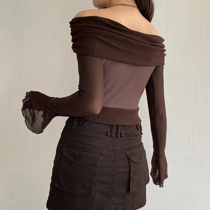 Brown Ribbed Butterfly Roll Over Off Shoulder Sheer Flare Long Sleeve