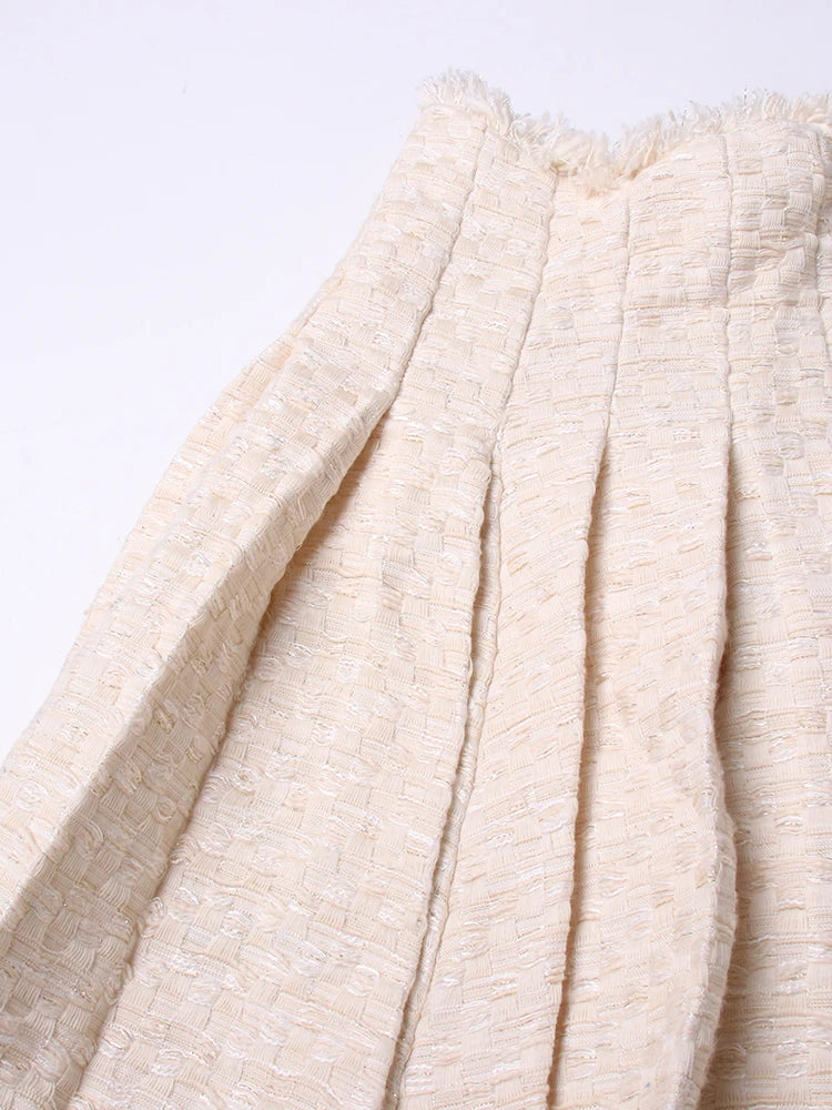 Beige Tweed Reverse Patchwork Crop Blazer And Pleated Mini Skirt Set