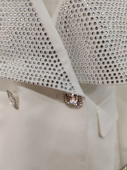 Neutral Rhinestone Studded Collar Feather And Rhinestone Bow Sleeve Double Breasted Blazer