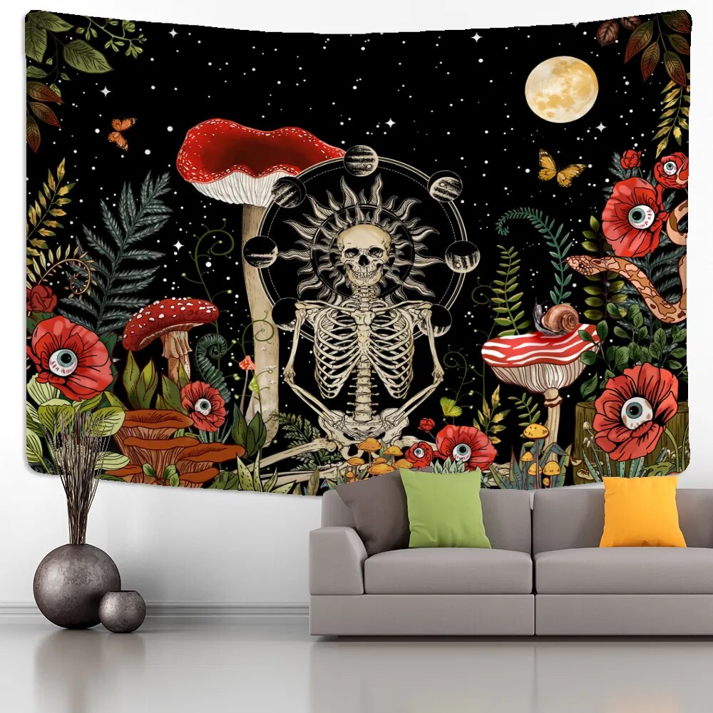 Skeleton In Mushroom Field Tapestry