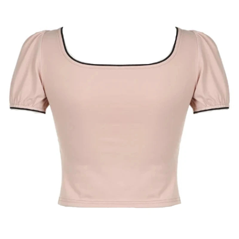 Pink Black Trim Fake White Pleated Under Shirt Puff Short Sleeve