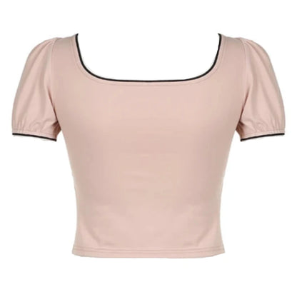 Pink Black Trim Fake White Pleated Under Shirt Puff Short Sleeve