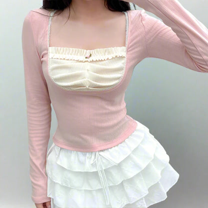 Pink Fake Beige Ruched Under Shirt Long Sleeve