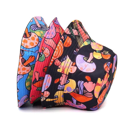 Multicolor Mushroom Print Cotton Reversible Bucket Hat