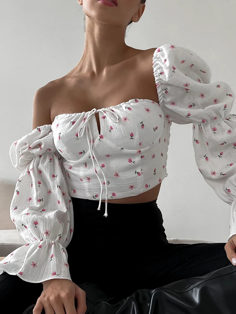 White Pink Floral Front Tie Puff Long Sleeve