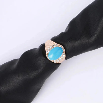 Gold Rhinestone Studded Trim Polished Oval Turquoise Crystal Ring